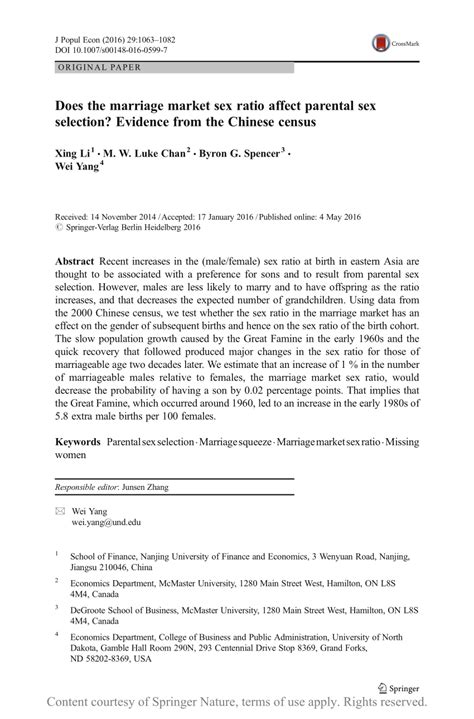 Does The Marriage Market Sex Ratio Affect Parental Sex Selection Evidence From The Chinese