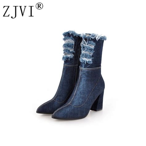 Zjvi Mulheres Meados De Bezerro Botas Das Mulheres Moda Denim Inverno