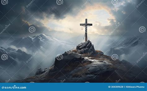 Silhouette Jesus Lord Cross Symbol On Calvary Mountain Sunset