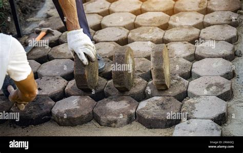 Construction Site Of Pavement Octagon Bricks Road Installation Or