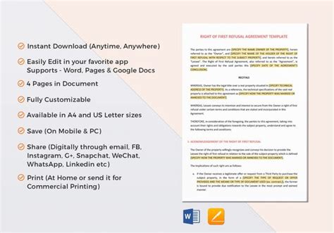 Right Of First Refusal Agreement Template In Word Google Docs Apple Pages