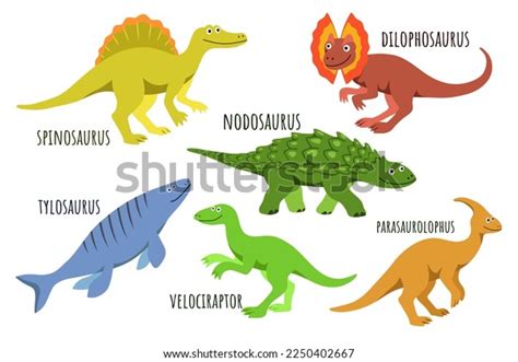 Set Cute Happy Dinosaurs Names Each Stock Vector (Royalty Free ...