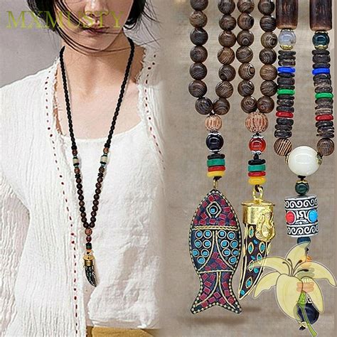 MXMUSTY Men Necklace Ethnic Wood Beads Long Necklace Women Fish Jewelry