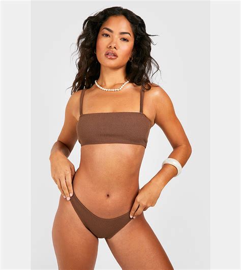 Buy Boohoo Crinkle Bandeau Strappy Bikini Set In Chocolate 6thstreet