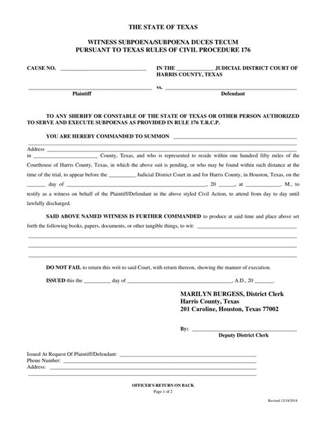 Harris County Texas Witness Subpoena Subpoena Duces Tecum Fill Out