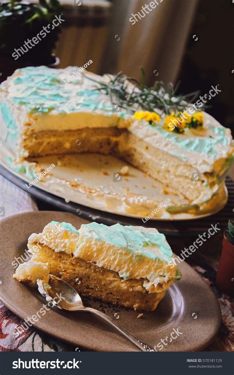 Naked Cake Blue Cream Flowers Decor Stock Photo Shutterstock