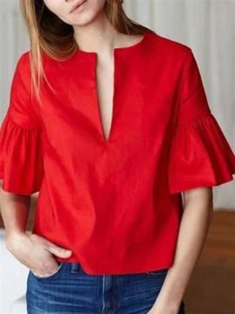 V Neck Solid Holiday Frill Sleeve Blouse Fashion Tops Blouse Fashion