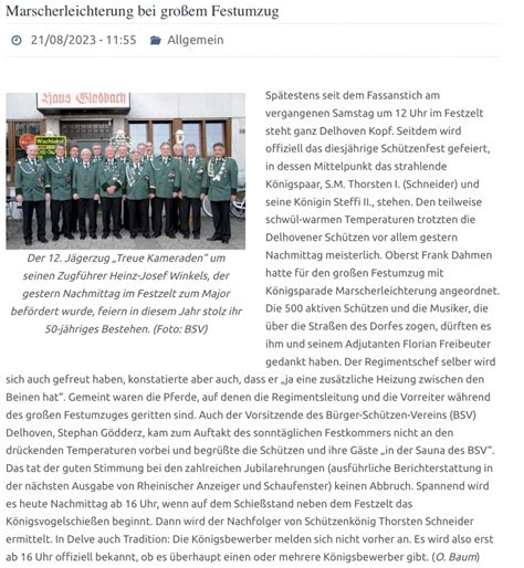 Pressestimmen Zum Sch Tzenfest Bsv Delhoven E V