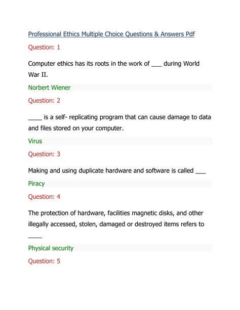 Professional Ethics Multiple Choice Questions And Answers