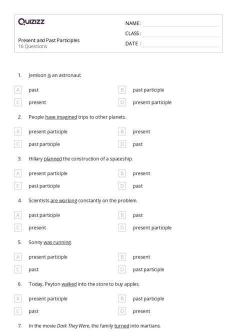 Participles Worksheets For Th Grade On Quizizz Free Printable