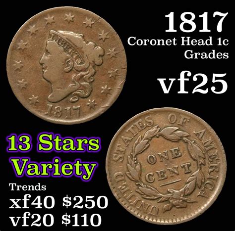 1817 Coronet Head Large Cent 1c Grades Vf