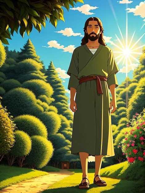 Una caricatura de jesús parado en un bosque con el sol brillando sobre