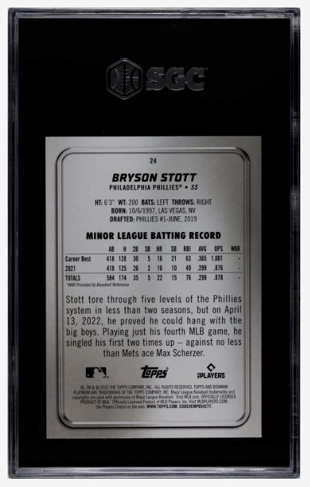 2022 Bryson Stott Bowman Platinum Ice Foilboard 24 SGC 10 GEM MINT POP