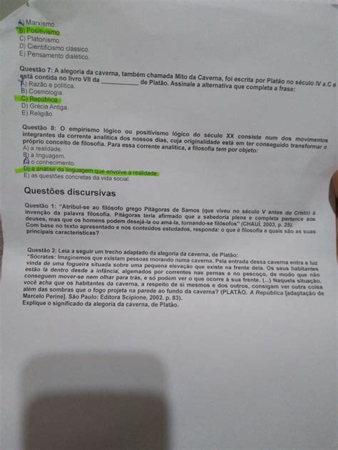 PROVA HISTÓRIA DO PENSAMENTO FILOSÓFICO CORRIGIDA EM VERDE História