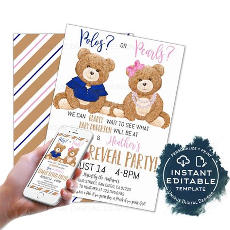 Editable Teddy Bear Gender Reveal Invitation Polos Or Pearls Invite