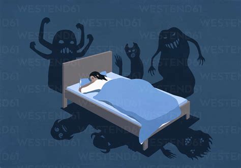 Spooky shadows of monsters surrounding woman sleeping in bed at night ...