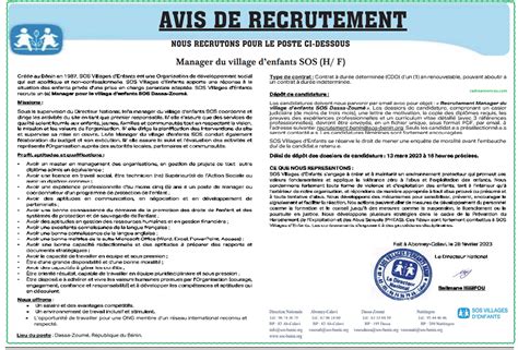 RECRUTEMENT BENIN SOS Village D Enfants Pour Son Propre Compte Lance