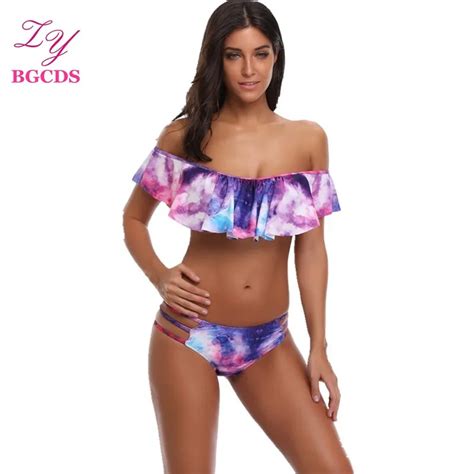 Ruffle Bikini Set Women Swimwear Colorful Swimsuit Off Shoulder Swimming Suit For Women Cute Out