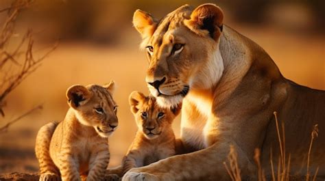 Premium AI Image | In this heartwarming scene a lioness and her cubs The lioness tenderly grooms ...