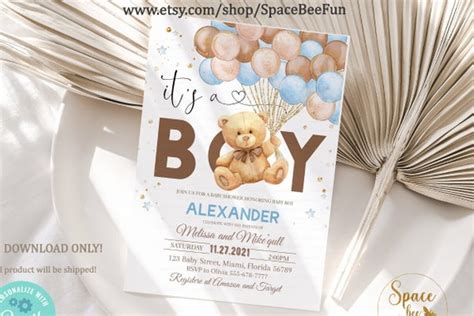 Editable Teddy Bear Baby Shower Invitation We Can Bearly Wait Boy Hot Air Balloon Bear Theme
