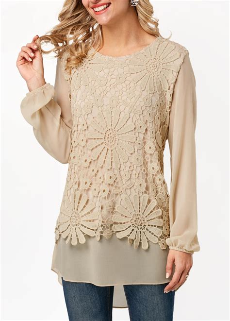 Long Sleeve Lace Panel Beige Blouse Usd 29