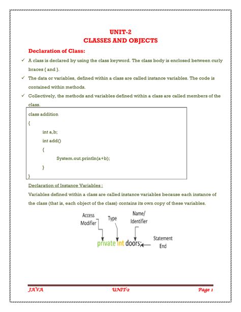 Java Unit Java Class Notes Unit Classes And Objects Declaration