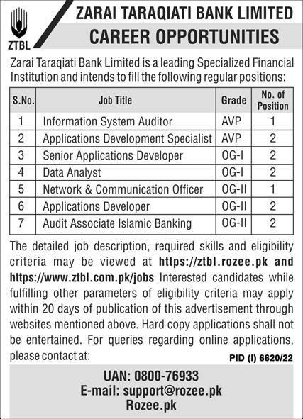 Zarai Taraqiati Bank Limited Ztbl Jobs Job Advertisement Pakistan