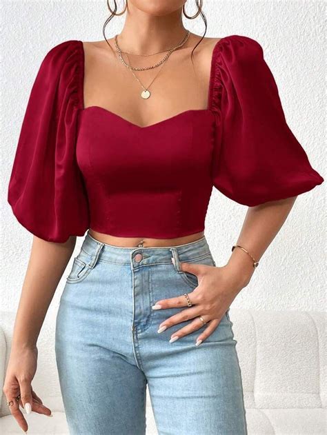 Shein Privé Sweetheart Neck Puff Sleeve Crop Blouse Pink Top Outfit