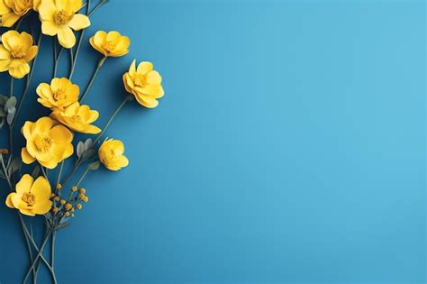 Premium Photo Vibrant Yellow Flowers On Blue Background With Copy Space