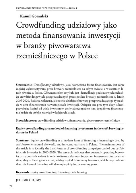 PDF Crowdfunding udziałowy jako metoda finansowania inwestycji w