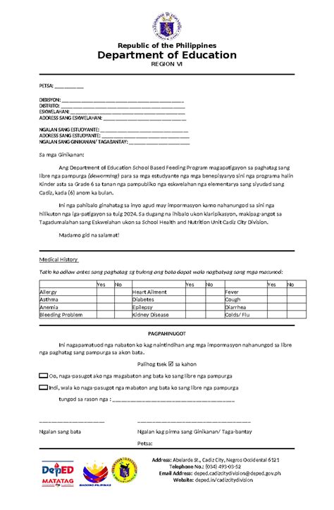deworming consent form  students deped cadiz city division studocu
