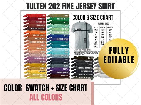 Editable Tultex Size Color Swatch Chart Unisex Fine Etsy