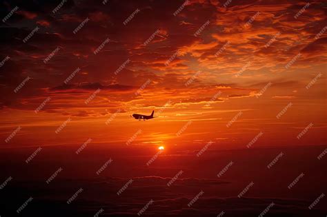 Premium Photo | Airplane is flying at sunset