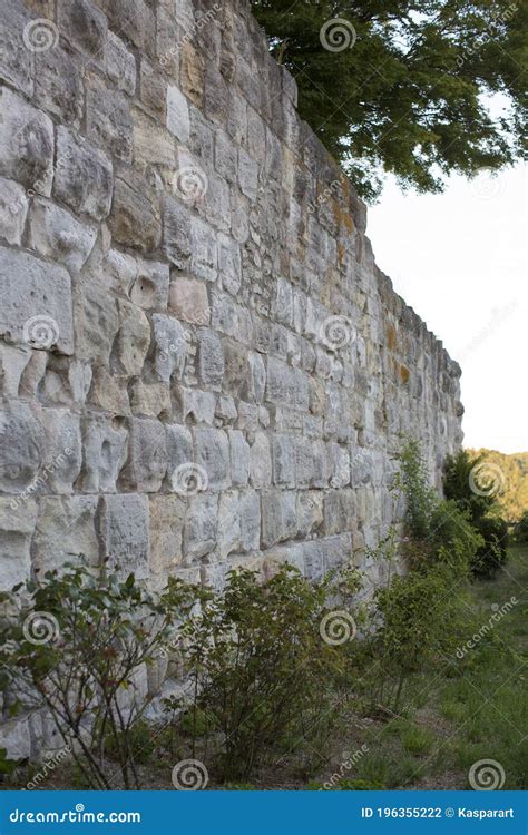 Old Tall Medieval Stone Castle Wall Overgrown With Plants Stock Photo