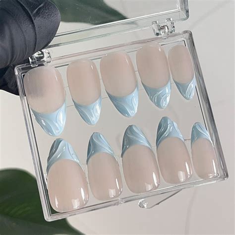 LNA Blue French Tip On Nude Almond Press On Nails Custom Short Fake Nails Elegant Nails
