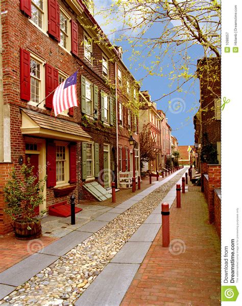 Elfreth s Alley stock image. Image of barrell, flag, shrub - 1098057