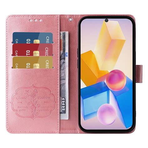 For Infinix Hot 40 Hot 40 Pro Embossed Butterfly Flowers Leather Phone Case Rose Gold