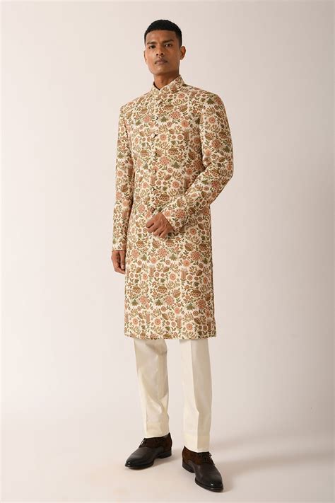 Buy White Cotton Silk Printed Floral Motifs Sherwani And Pant Set For