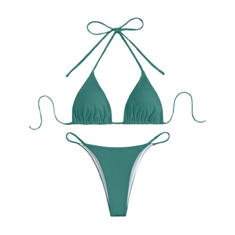 Women Swimsuits Solid Three Point Bikini Spaghetti Strap Stylish Adjustable Dark Green Bathing