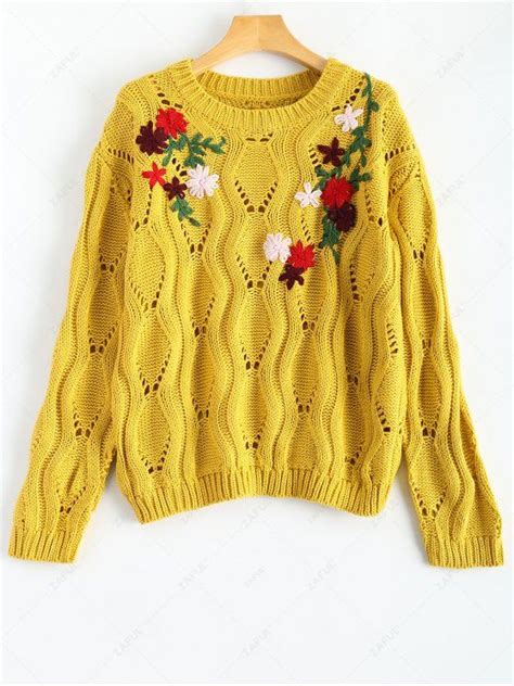 35 Off 2021 Floral Embroidered Cut Out Pullover Sweater In Yellow Zaful