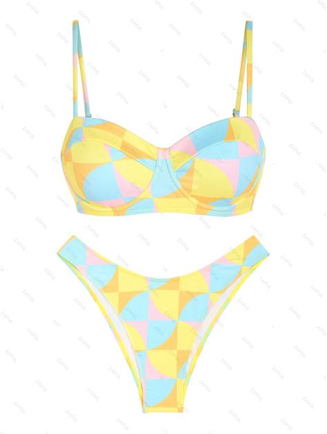 Zaful Ribbed High Cut Brazilian Geo Colorblock Underwire Bikini