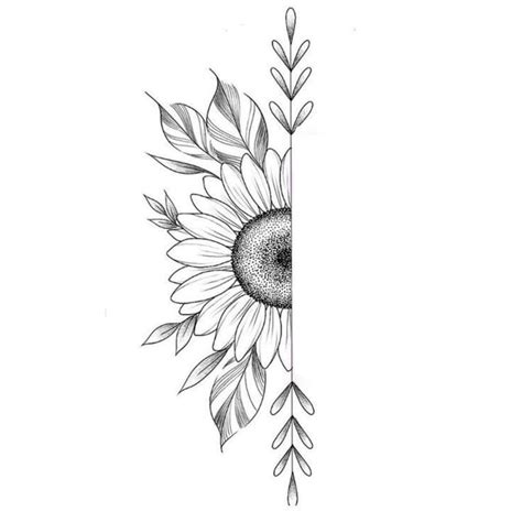 A Black And White Drawing Of A Sunflower With Leaves On It S Side