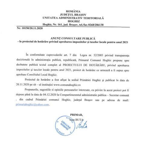 Anun Consultare Public La Proiectul De Hot R Re Privind Aprobarea Impozitelor I Taxelor