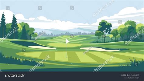 Scenic Countryside Golf Course Landscape Flags Stock Vector Royalty