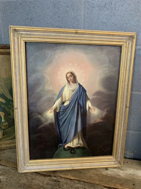 Antique 19th Century Oil Painting Madonna Virgin Mary Portrait