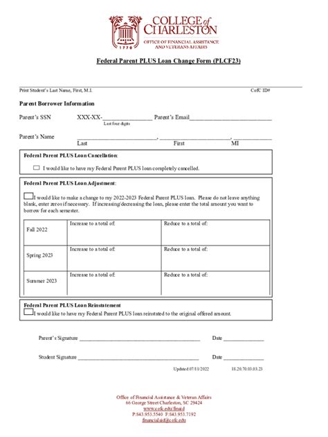 Fillable Online Finaid Cofc Federal Parent Plus Loan Change Form