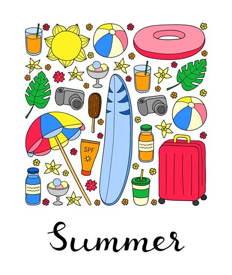 Hand Drawn Summer And Vacation Items In Square Shape Vector