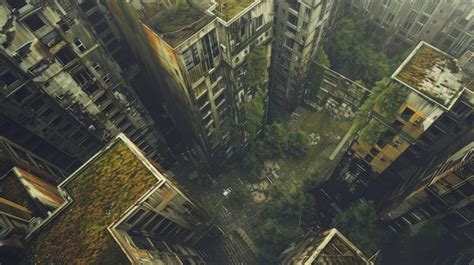 Aerial View Of Postapocalyptic City With Overgrown Vegetation Abandoned