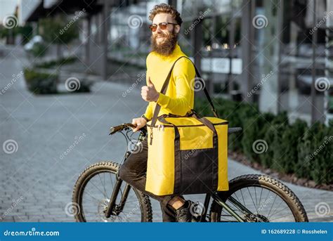 Courier Portrait with Bicycle and Bag Outdoors Stock Photo - Image of ...