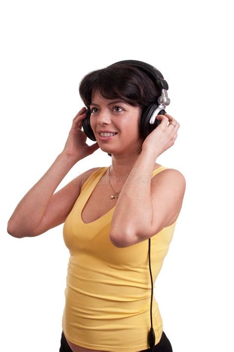 Beautiful Brunette Woman Is Listen To The Music At Headphones Stock Photo Image Of Arms